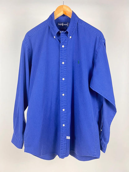 Camicia Vintage Uomo Ralph Lauren Blu Logo Verde in 100% Cotone