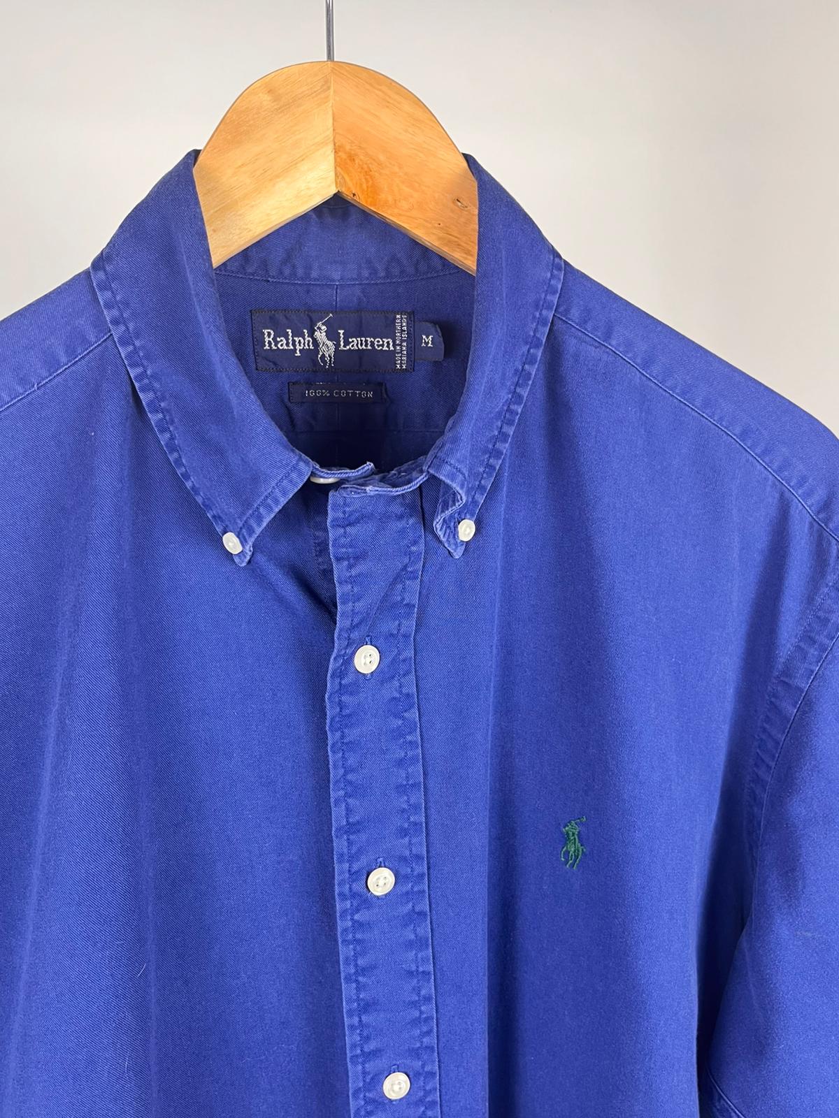Camicia Vintage Uomo Ralph Lauren Blu Logo Verde in 100% Cotone