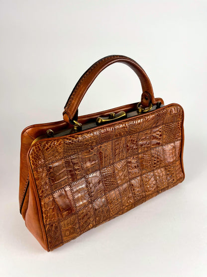 Borsa Vintage in Vera Pelle Marrone Effetto Coccodrillo Patchwork – Anni '70/'80