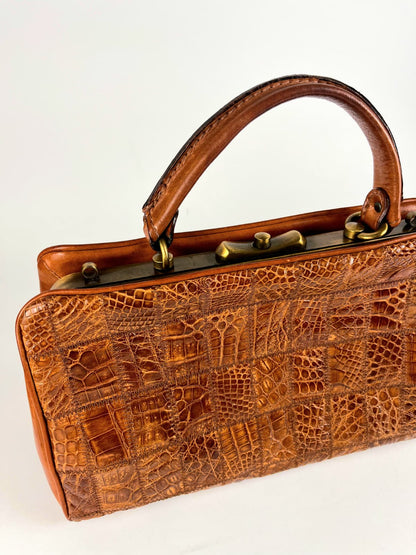Borsa Vintage in Vera Pelle Marrone Effetto Coccodrillo Patchwork – Anni '70/'80