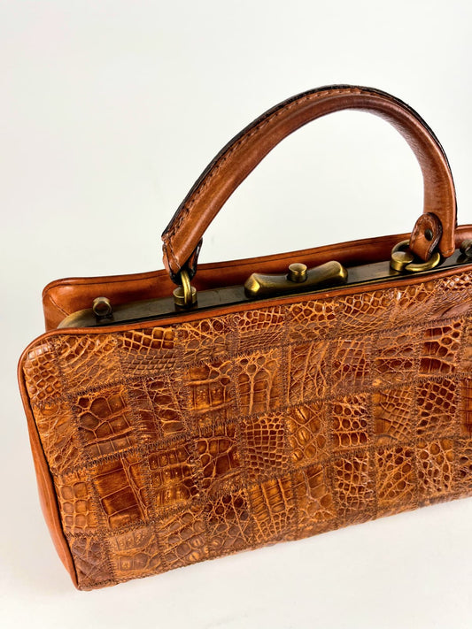 Borsa Vintage in Vera Pelle Marrone Effetto Coccodrillo Patchwork – Anni '70/'80