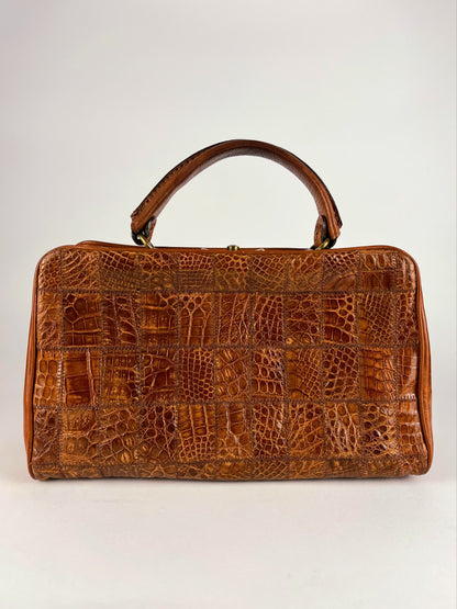 Borsa Vintage in Vera Pelle Marrone Effetto Coccodrillo Patchwork – Anni '70/'80