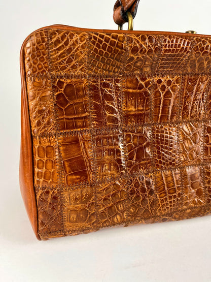 Borsa Vintage in Vera Pelle Marrone Effetto Coccodrillo Patchwork – Anni '70/'80