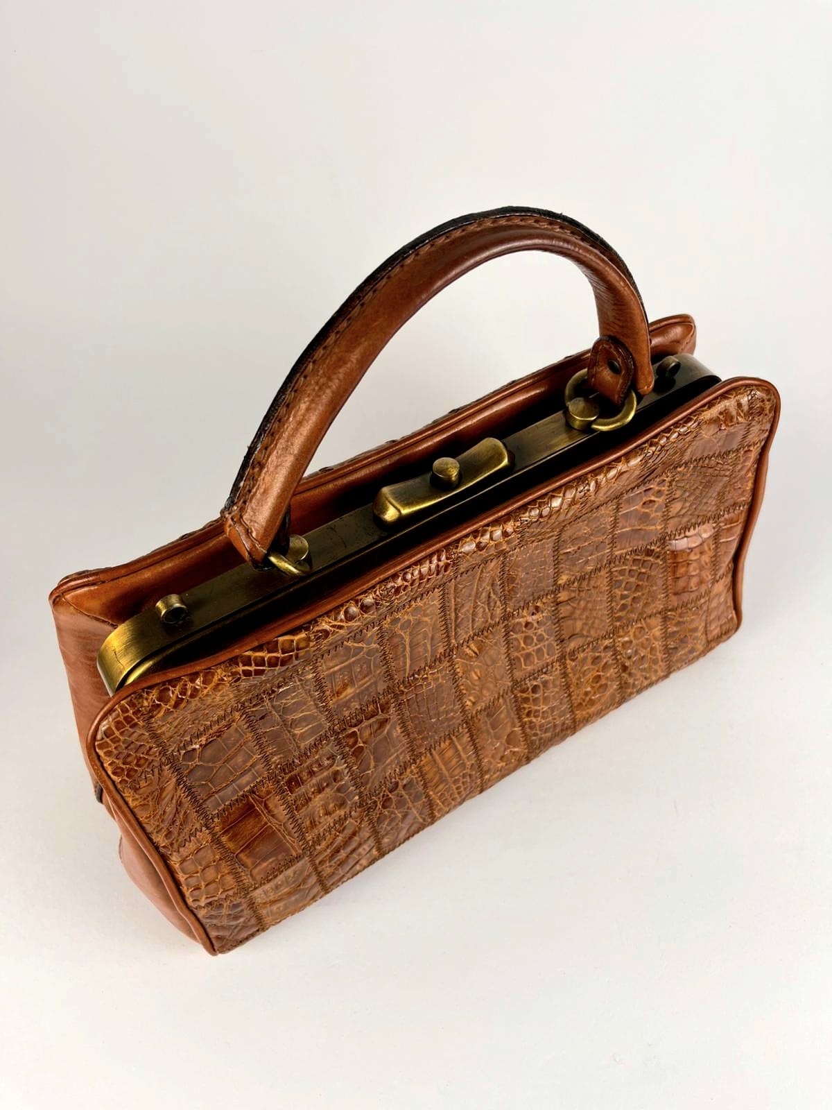 Borsa Vintage in Vera Pelle Marrone Effetto Coccodrillo Patchwork – Anni '70/'80