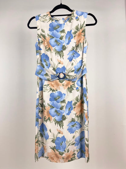 Abito Vintage Donna Floreale Blu e Rosa – Smanicato con Fascia in Vita Anni '90