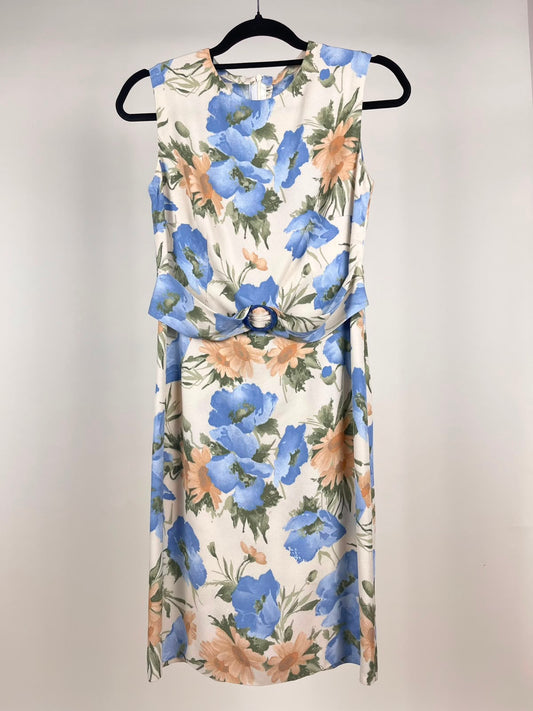 Abito Vintage Donna Floreale Blu e Rosa – Smanicato con Fascia in Vita Anni '90