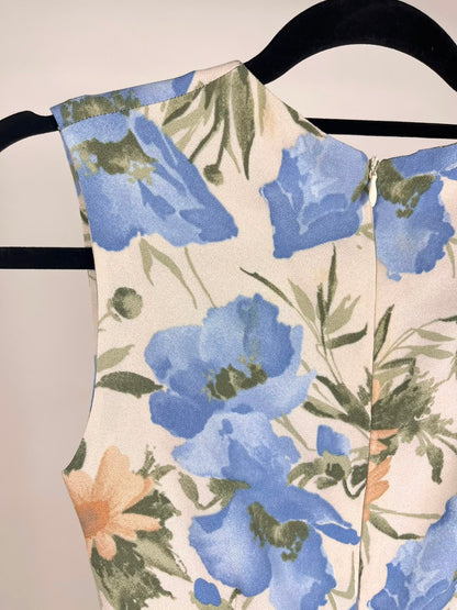 Abito Vintage Donna Floreale Blu e Rosa – Smanicato con Fascia in Vita Anni '90