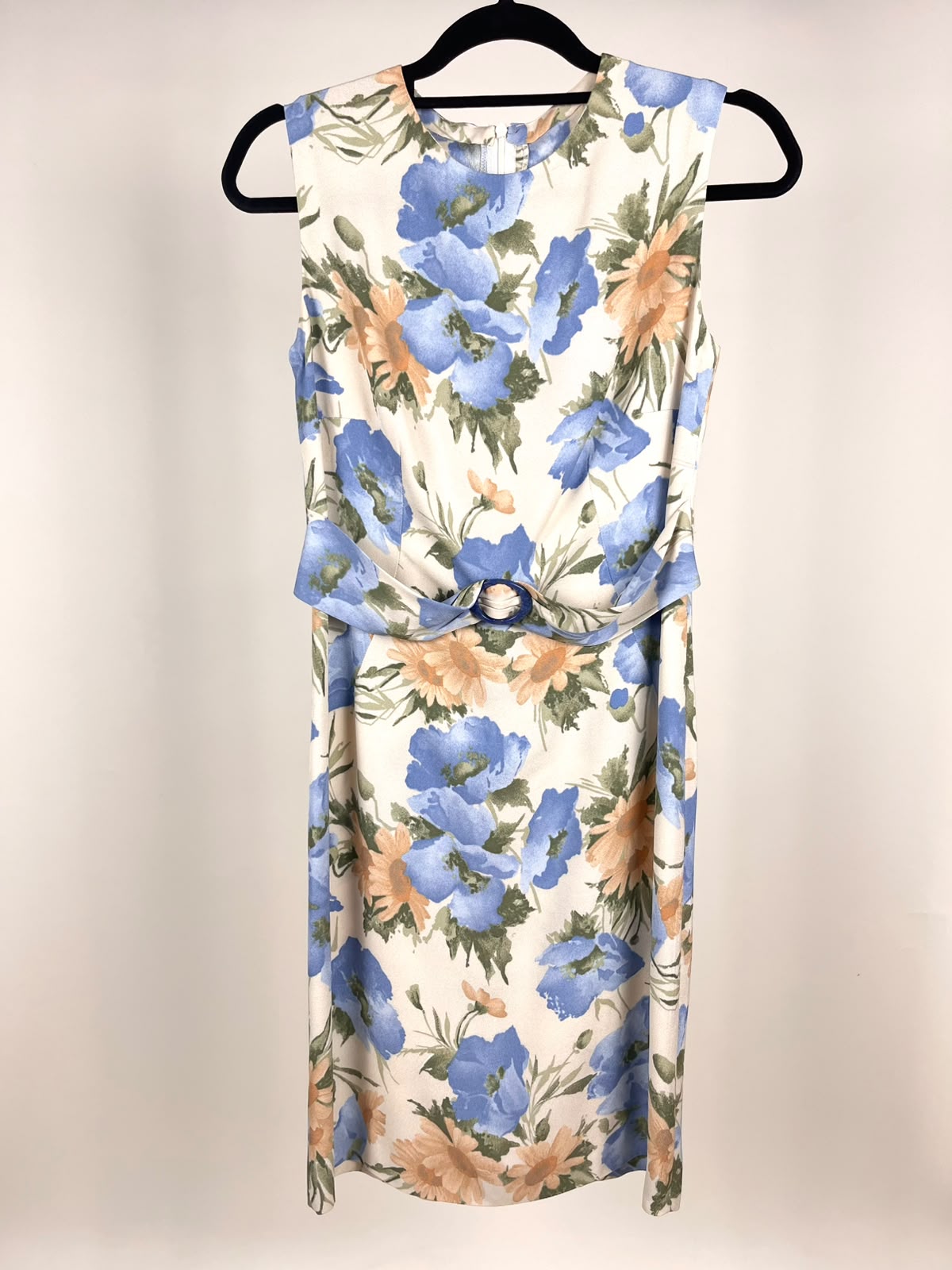 Abito Vintage Donna Floreale Blu e Rosa – Smanicato con Fascia in Vita Anni '90