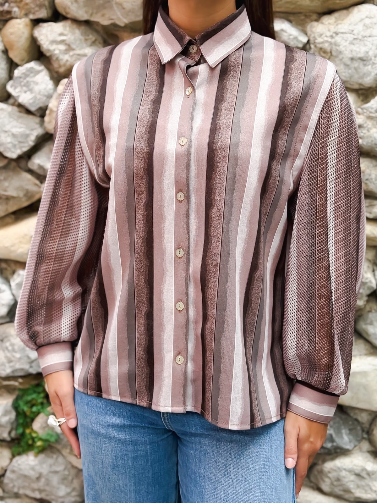 Camicia Vintage Anni ’90 a Righe Rosa e Marroni con Maniche a Retina