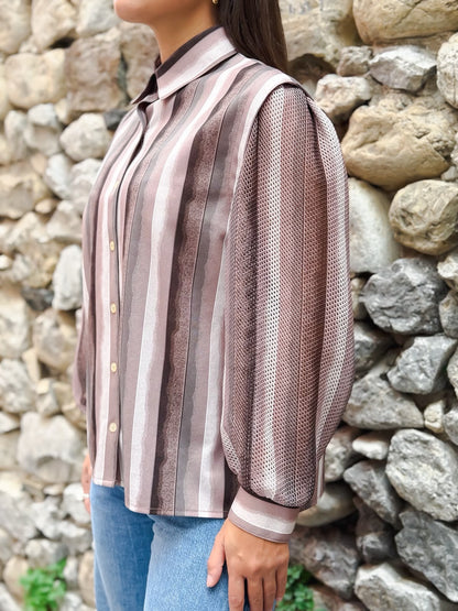 Camicia Vintage Anni ’90 a Righe Rosa e Marroni con Maniche a Retina