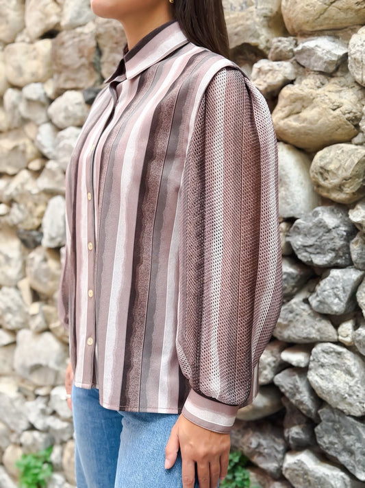 Camicia Vintage Anni ’70 a Righe Rosa e Marroni con Maniche a Retina