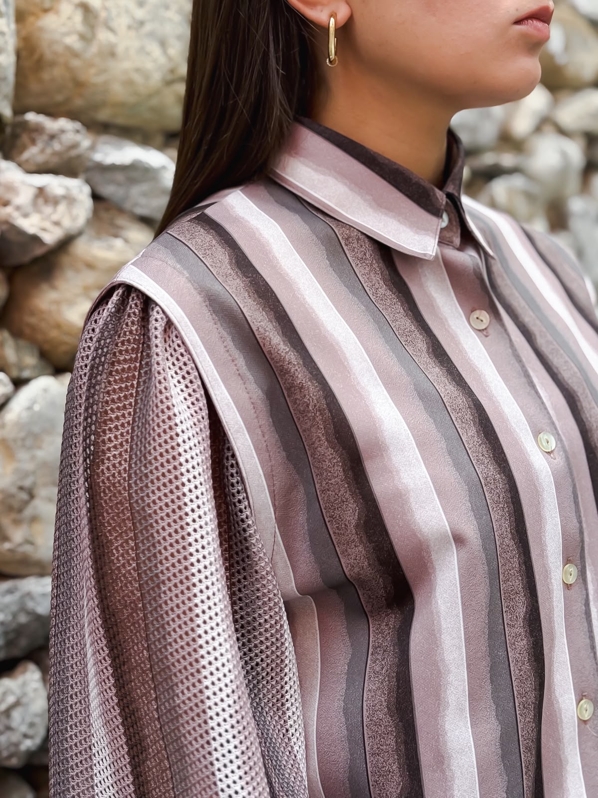 Camicia Vintage Anni ’90 a Righe Rosa e Marroni con Maniche a Retina