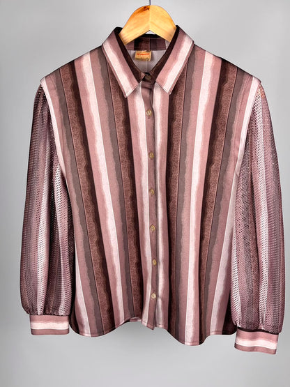 Camicia Vintage Anni ’90 a Righe Rosa e Marroni con Maniche a Retina