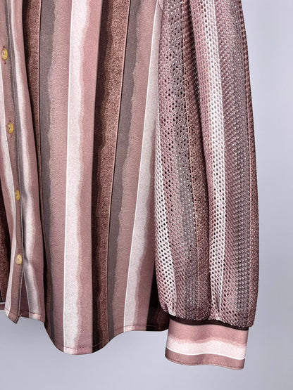 Camicia Vintage Anni ’90 a Righe Rosa e Marroni con Maniche a Retina