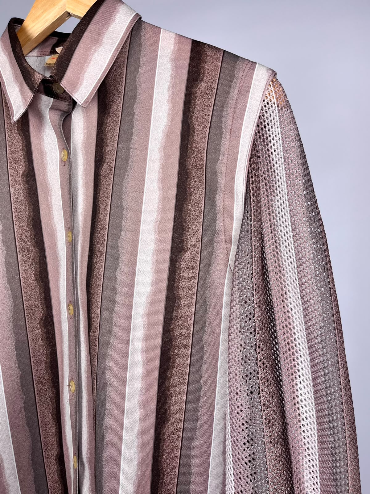 Camicia Vintage Anni ’90 a Righe Rosa e Marroni con Maniche a Retina