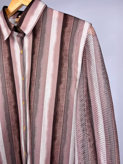 Camicia Vintage Anni ’90 a Righe Rosa e Marroni con Maniche a Retina