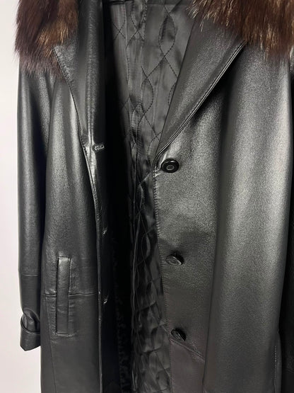 Cappotto vintage in vera pelle nero lungo