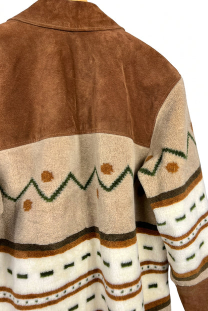 Giacca Vintage in Pelle Scamosciata Marrone con Fantasia Geometrica