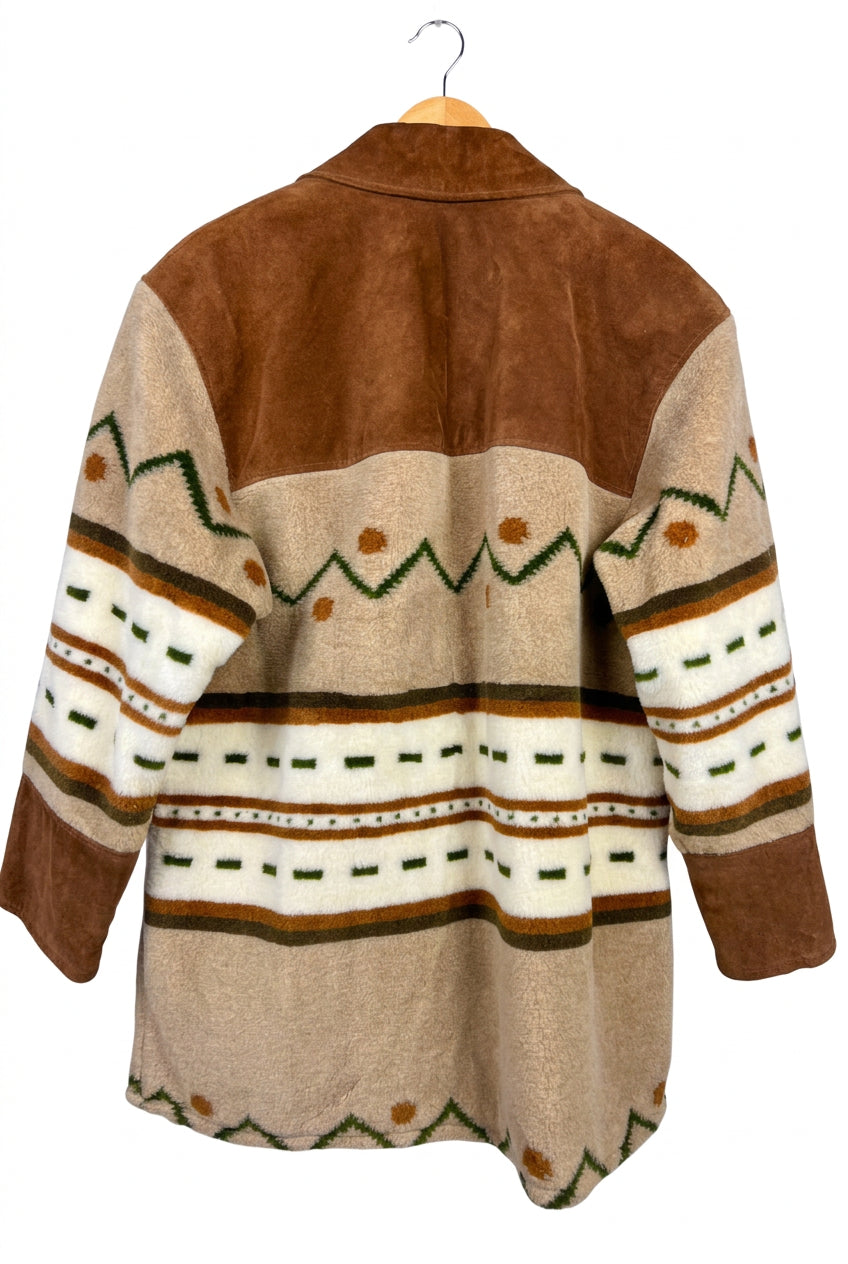 Giacca Vintage in Pelle Scamosciata Marrone con Fantasia Geometrica