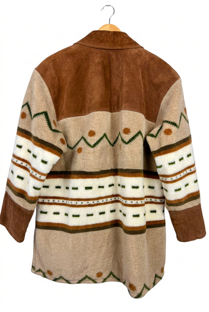 Giacca Vintage in Pelle Scamosciata Marrone con Fantasia Geometrica