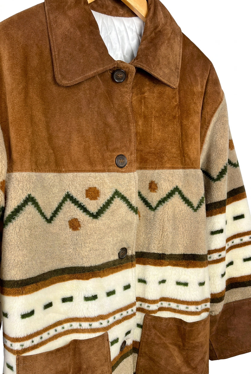 Giacca Vintage in Pelle Scamosciata Marrone con Fantasia Geometrica