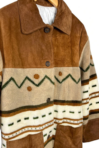 Giacca Vintage in Pelle Scamosciata Marrone con Fantasia Geometrica