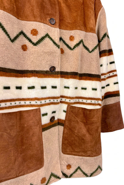 Giacca Vintage in Pelle Scamosciata Marrone con Fantasia Geometrica