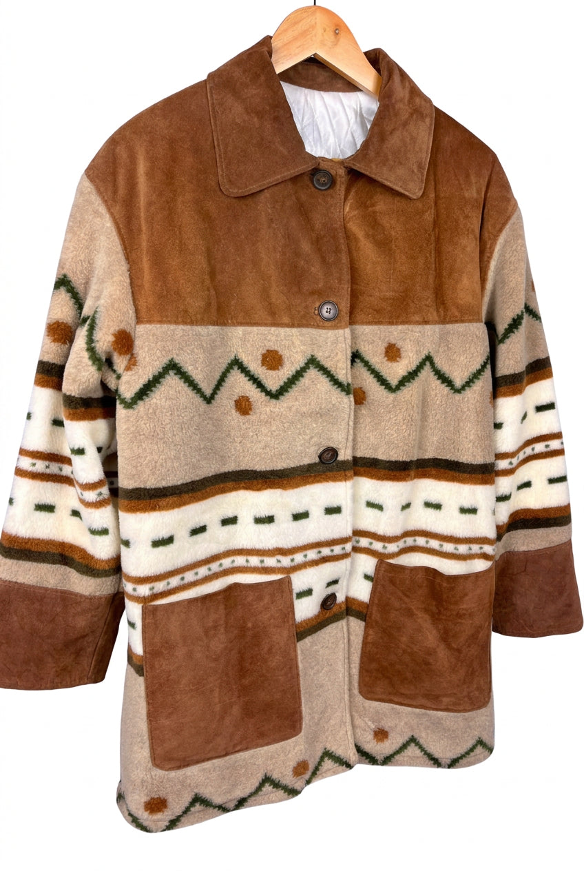 Giacca Vintage in Pelle Scamosciata Marrone con Fantasia Geometrica