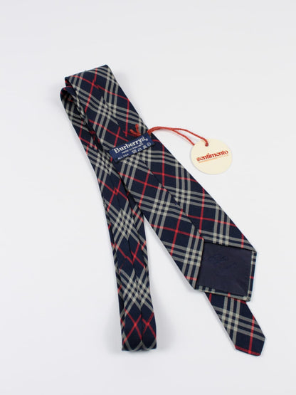 Cravatta Vintage Burberry’s in Seta 100% Tartan Blu Navy, Rosso e Beige – Anni ’90