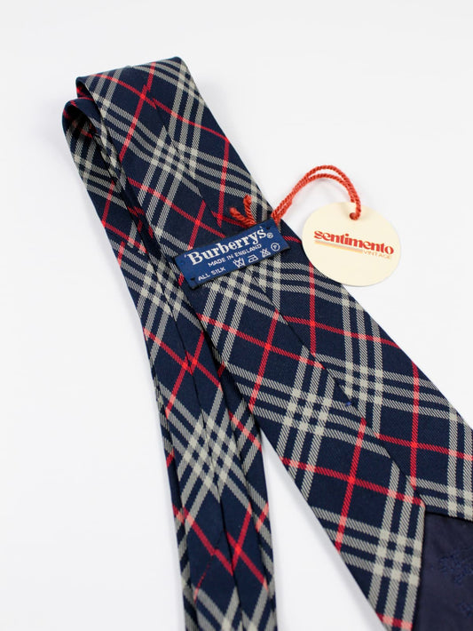 Cravatta Vintage Burberry’s in Seta 100% Tartan Blu Navy, Rosso e Beige – Anni ’90