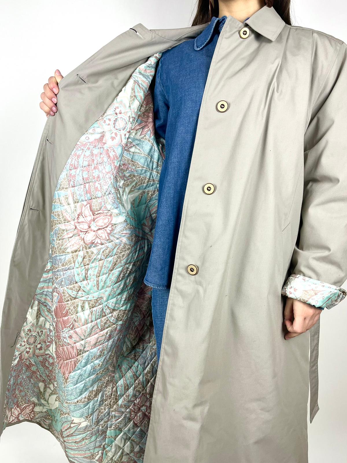 Trench Vintage Lungo Grigio/Beige con Fodera Trapuntata - Made in Italy