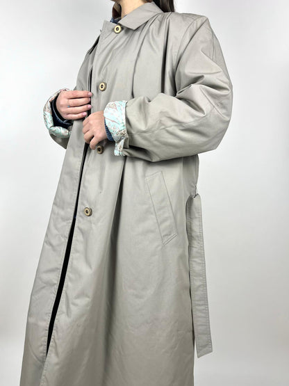 Trench Vintage Lungo Grigio/Beige con Fodera Trapuntata - Made in Italy