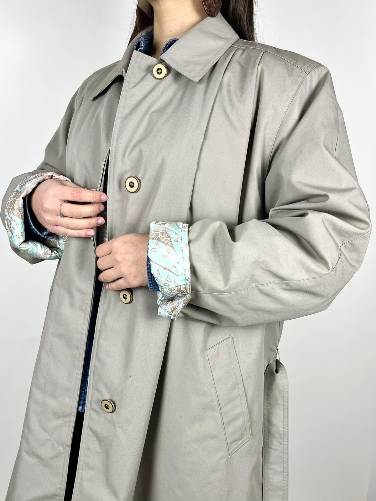 Trench Vintage Lungo Grigio/Beige con Fodera Trapuntata - Made in Italy