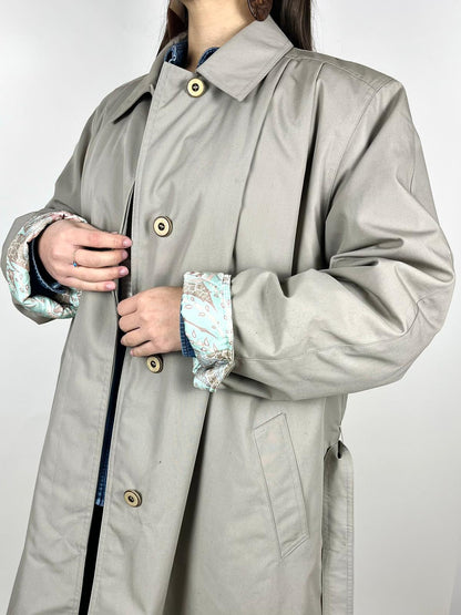 Trench Vintage Lungo Grigio/Beige con Fodera Trapuntata - Made in Italy