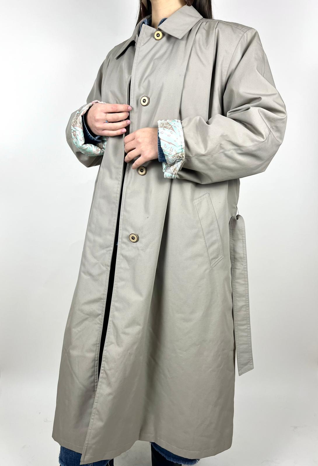 Trench Vintage Lungo Grigio/Beige con Fodera Trapuntata - Made in Italy