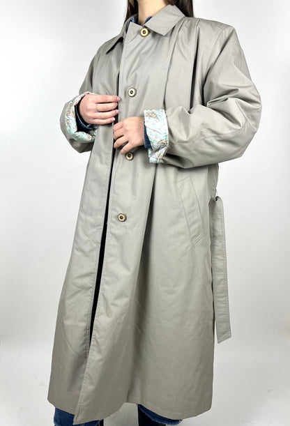 Trench Vintage Lungo Grigio/Beige con Fodera Trapuntata - Made in Italy