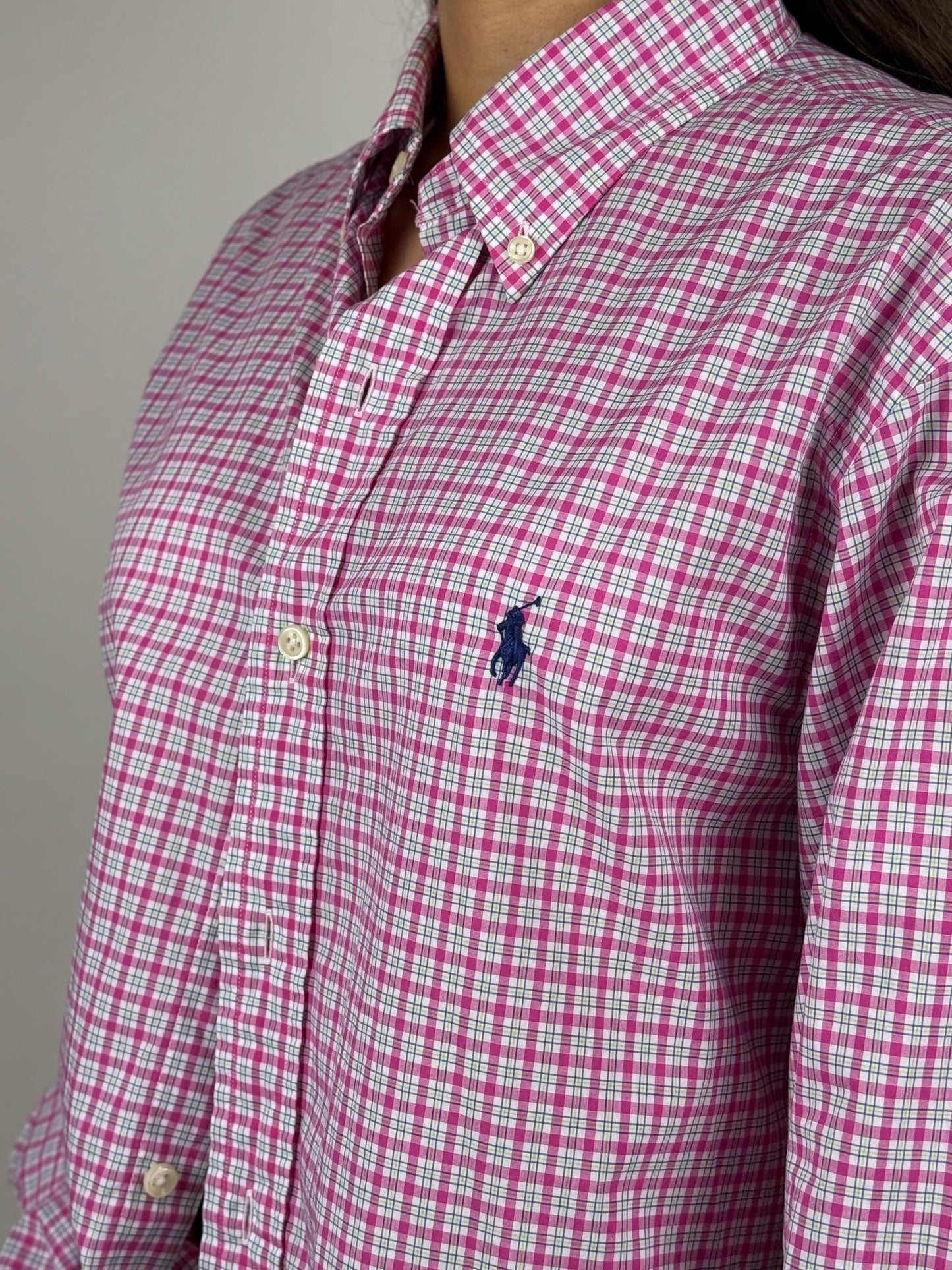 Camicia Vintage Ralph Lauren Quadretti Rosa, Bianco e Verde Chiaro – Taglia M