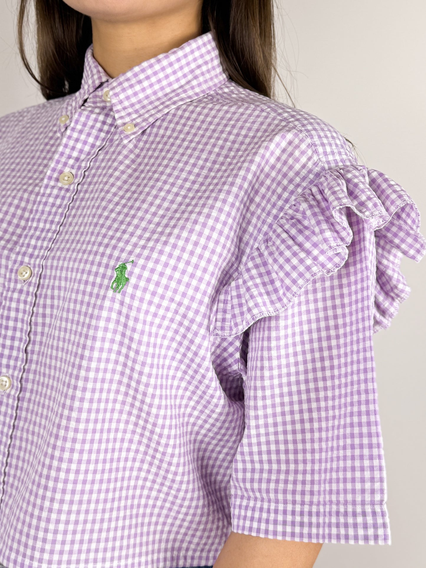 Camicia Cropped Vintage Ralph Lauren Vichy Lilla con Volant