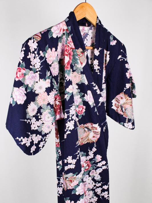 Yukata Vintage Giapponese in Cotone Blu Floreale – Made in Japan – Anni '80