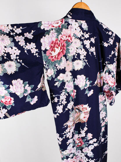 Yukata Vintage Giapponese in Cotone Blu Floreale – Made in Japan – Anni '80