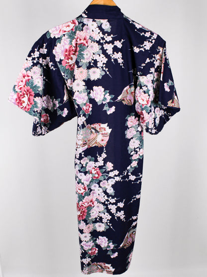 Yukata Vintage Giapponese in Cotone Blu Floreale – Made in Japan – Anni '80