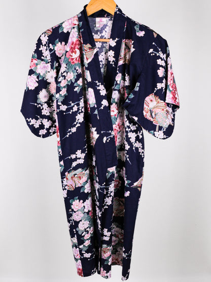 Yukata Vintage Giapponese in Cotone Blu Floreale – Made in Japan – Anni '80